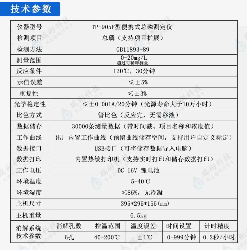 TP-905F型便携式总磷测定仪技术参数