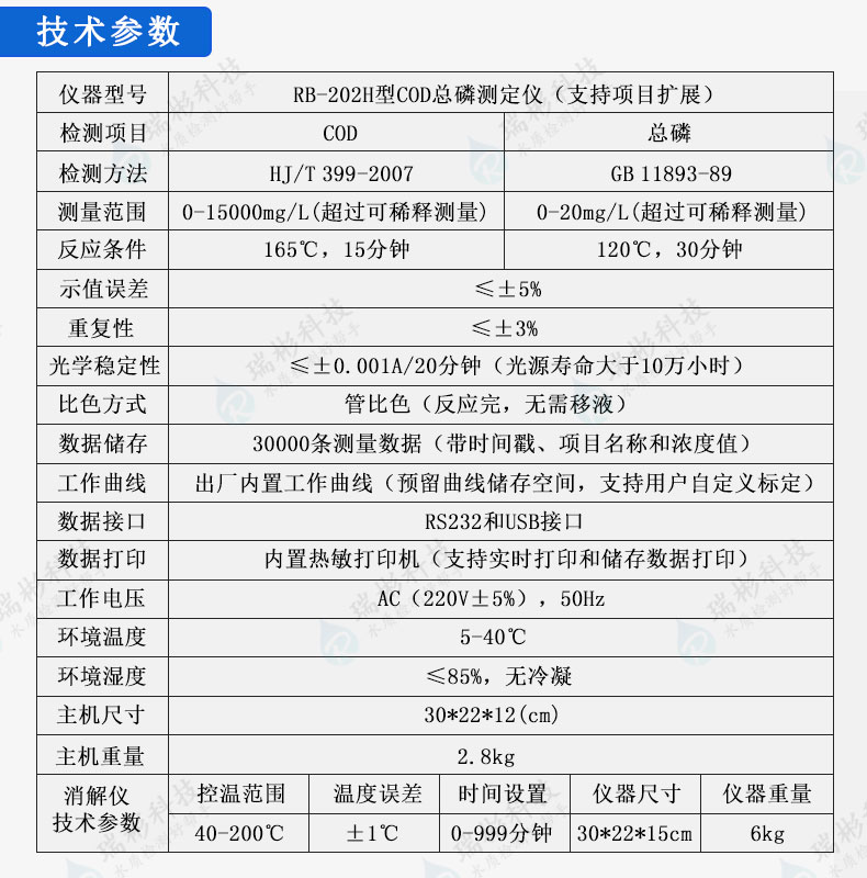 RB-202H型COD总磷快速检测仪技术参数