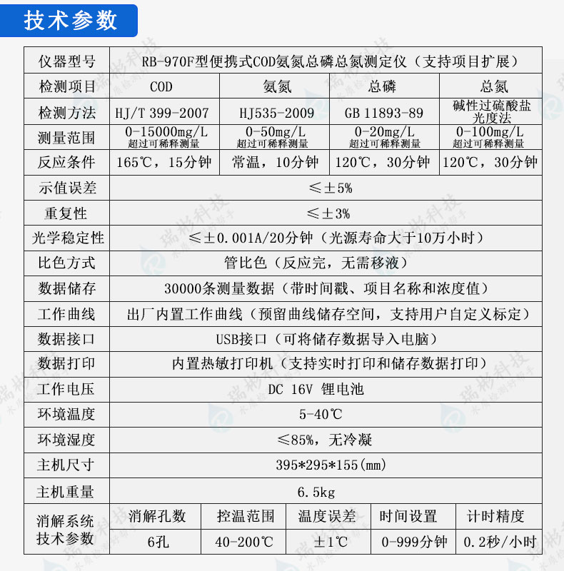 RB-970F型便携式COD氨氮总磷总氮测定仪技术参数