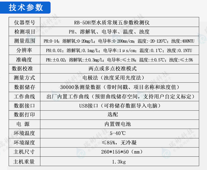 水质常规五参数检测仪（pH、电导率、溶解氧、水温、浊度）技术参数