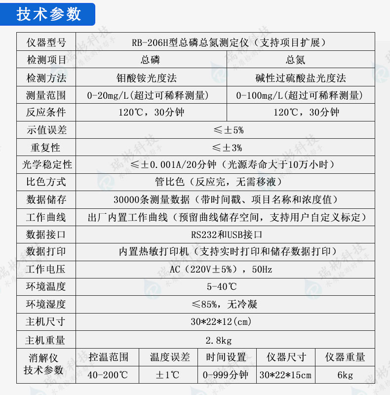 RB-206H型总磷总氮双参数检测仪技术参数