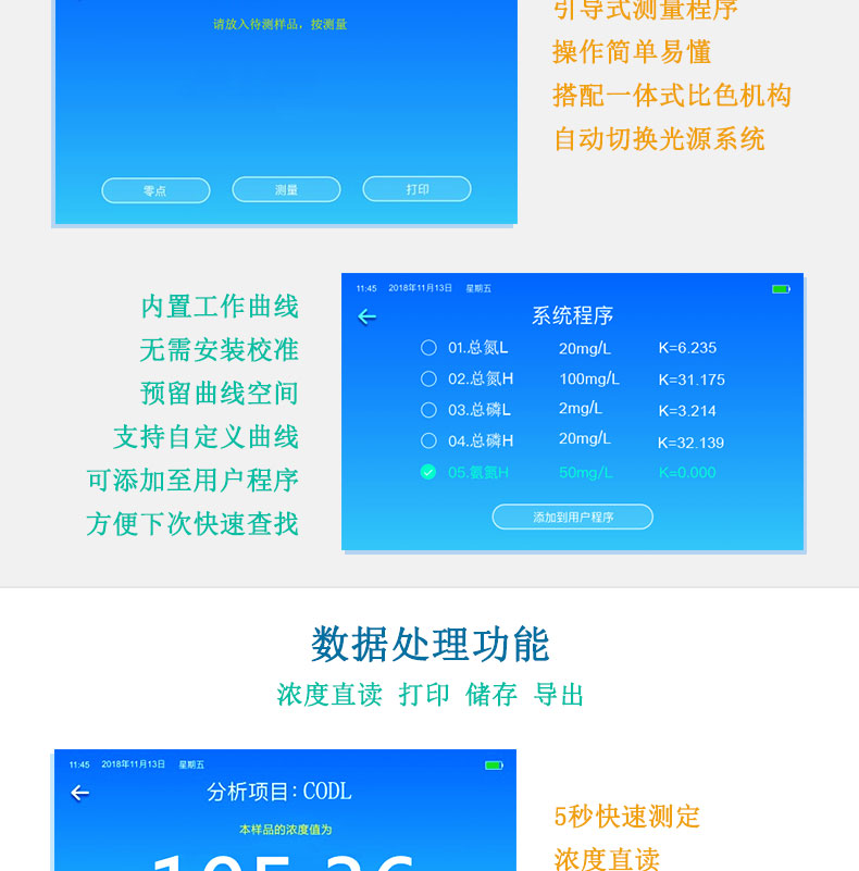 多参数水质检测仪COD氨氮总磷总氮重金属测定仪数据处理功能